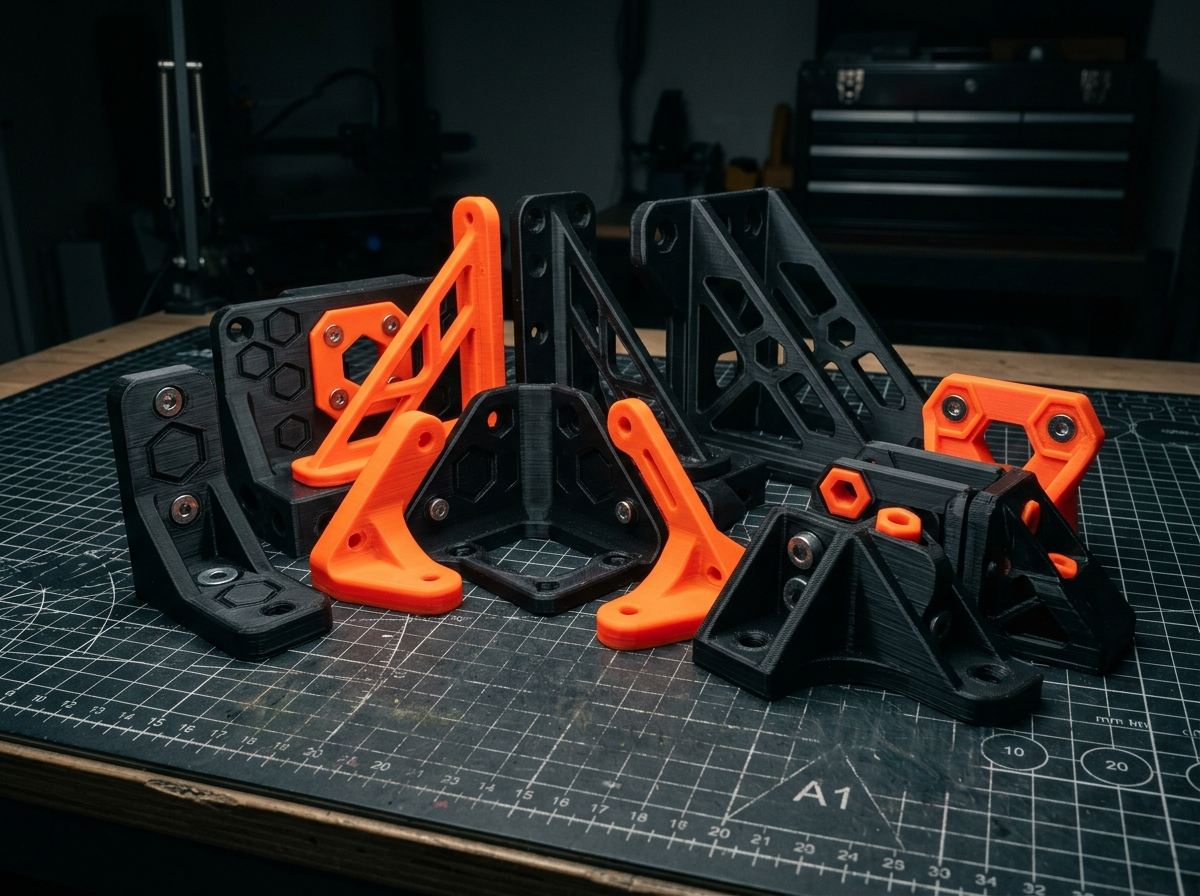 3D printed brackets and mounts in black and orange on a cutting mat