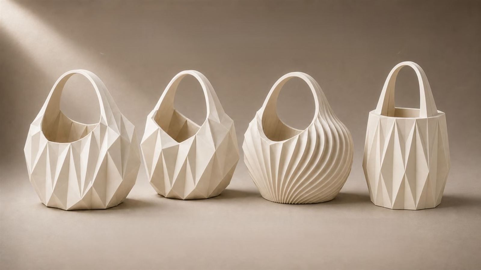 White geometric 3D printed vases and showpieces