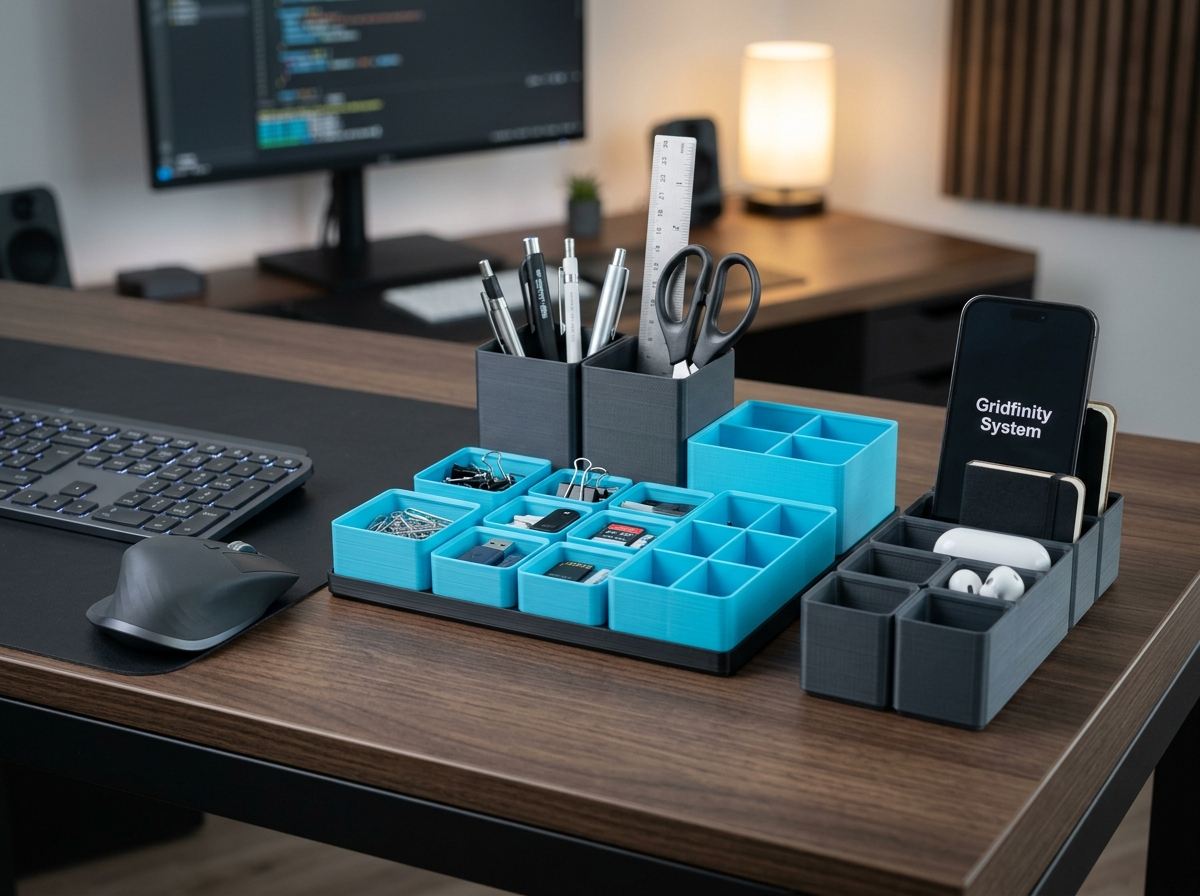 3D printed drawer organizers and trays on a desk