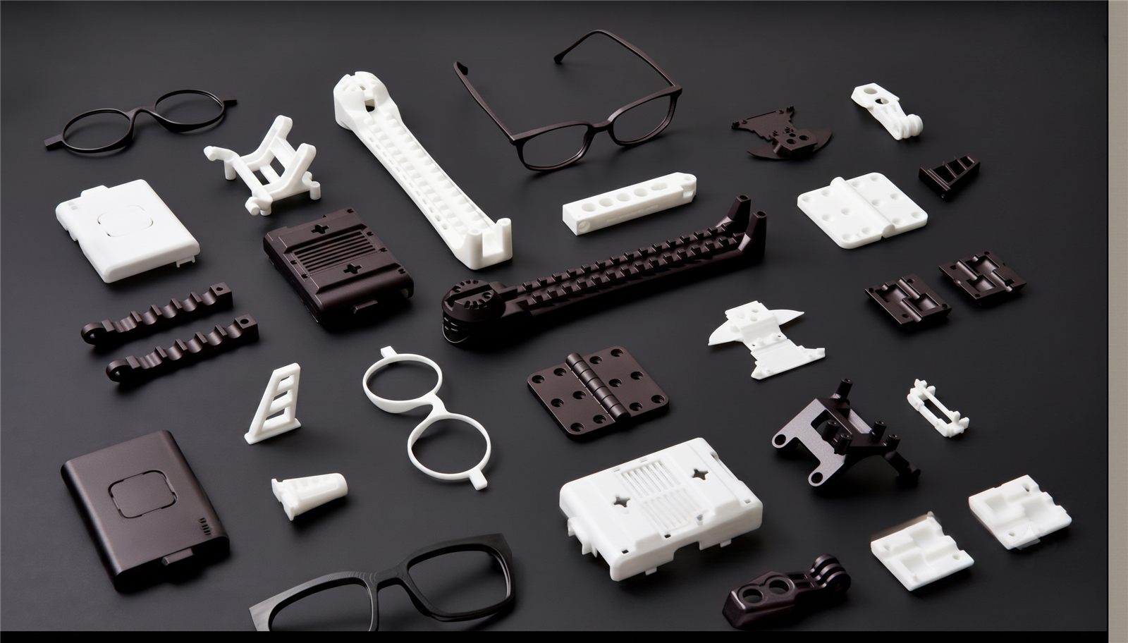 Assorted black and white 3D printed prototype parts